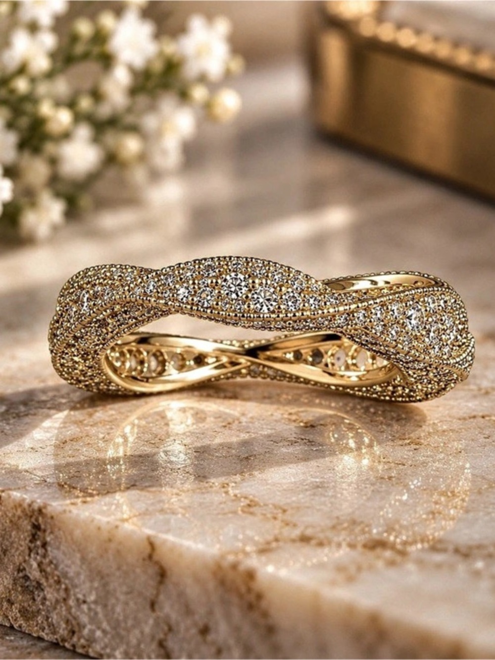 18K Gold Filled Infinity Twist Clear Stone Eternity Band Ring Size 7